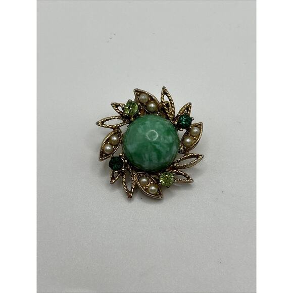 Vintage Green Oval Rhinestone Gold tone Clip On Earrings Costume - Picture 3 of 6